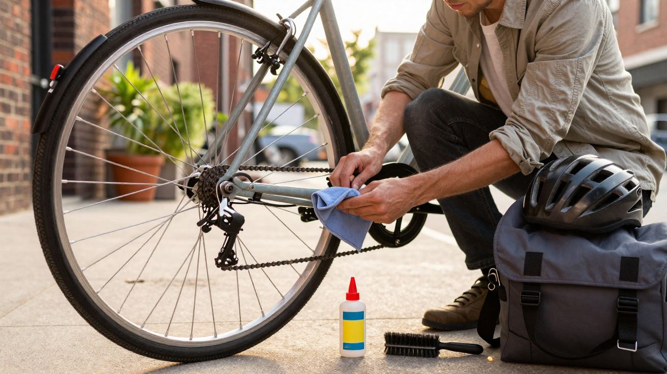 Person cleaning bicycle chain with cloth on pavement beside helmet, bag, cleaning brush and lubricant bottle.