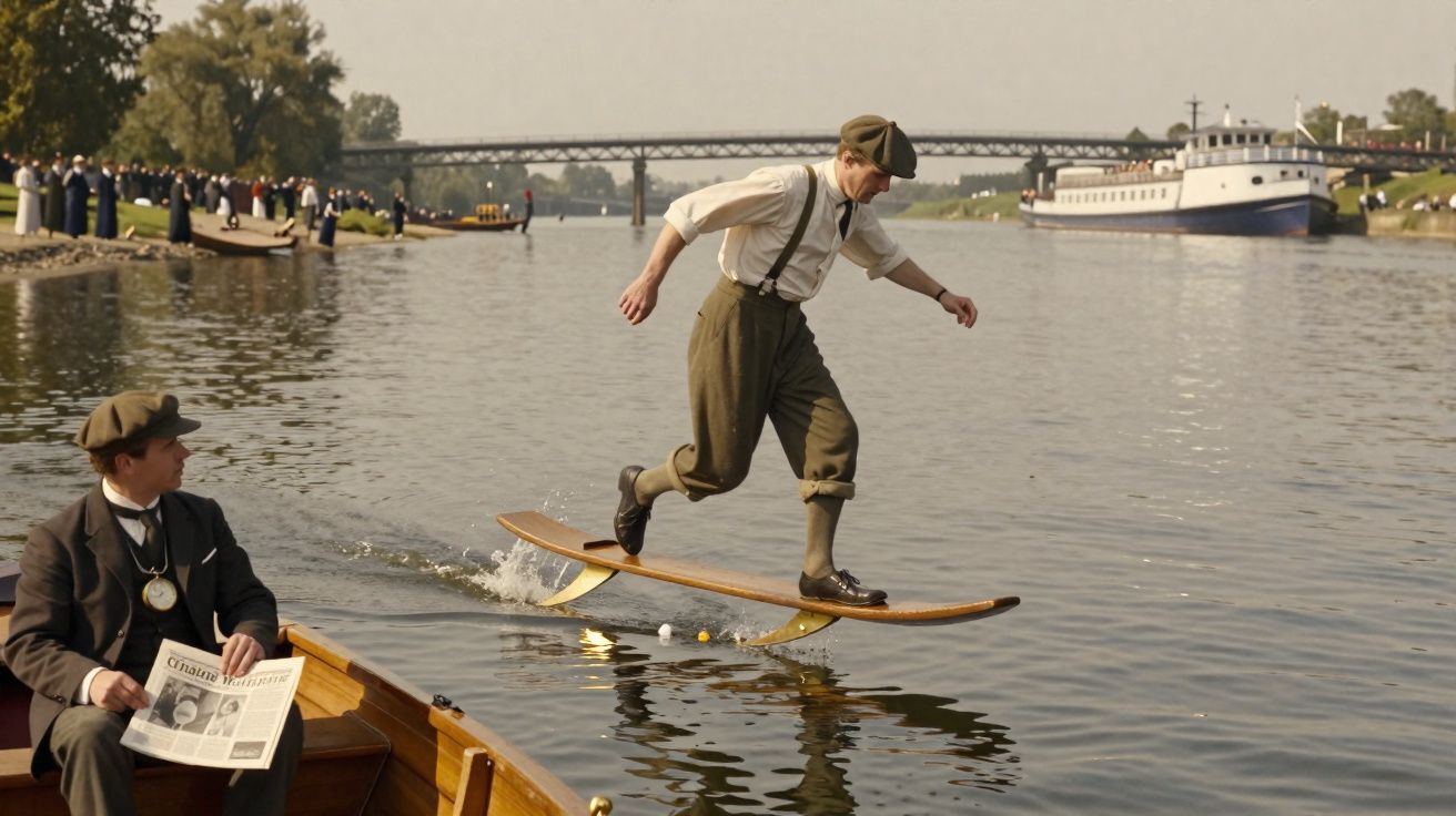 Man in vintage attire balancing on an early water ski board while another man watches from a boat.