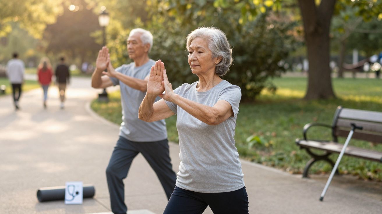 Elderly couple practising tai chi outdoors in a park on a sunny day with people walking in the background.