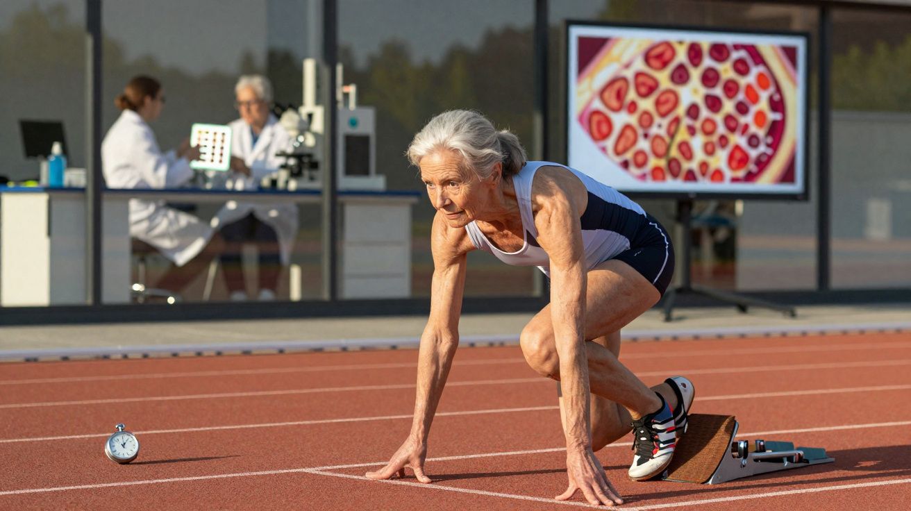 Elderly woman in athletic gear poised to sprint on a track, with scientists and a pizza image in the background.