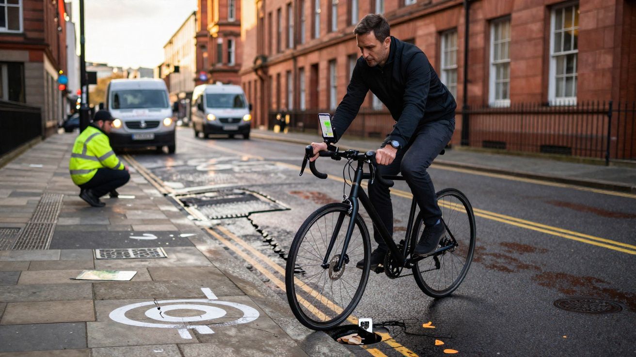Man rides a black bicycle over a sensor embedded in a city street near a worker in high-visibility jacket.