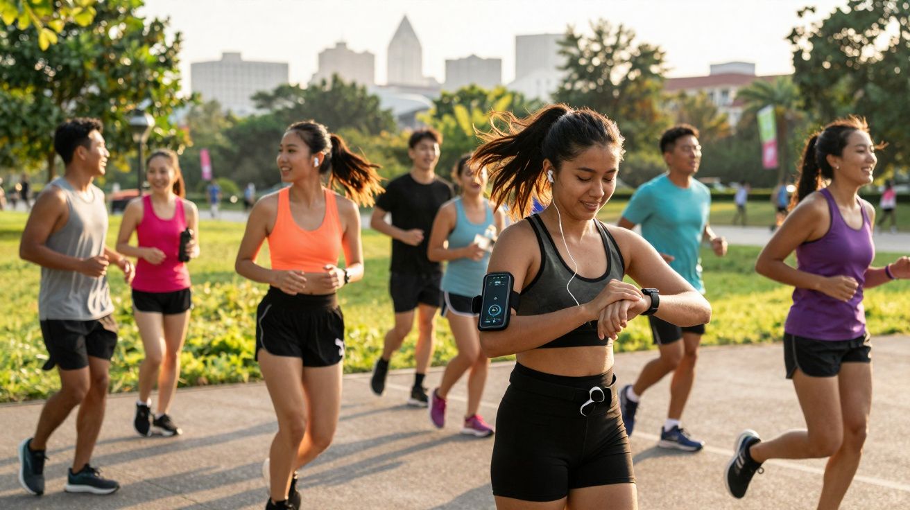 Group of diverse young adults jogging in a park with city buildings in the background on a sunny day.