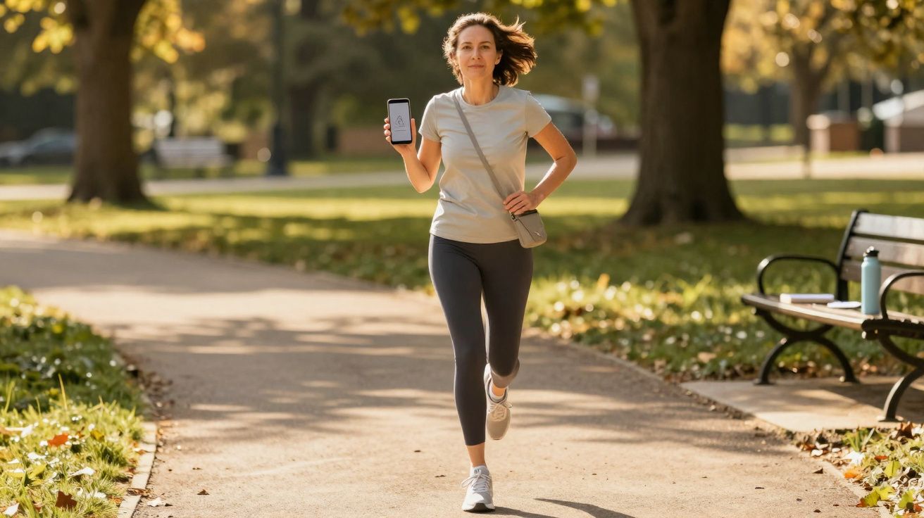 Woman running in park holding phone showing fitness app on screen on a sunny autumn day.