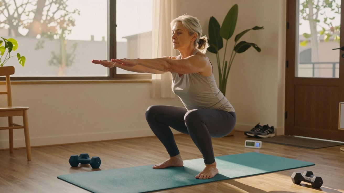Mature woman performing squat exercise on yoga mat in bright, airy room with dumbbells nearby.