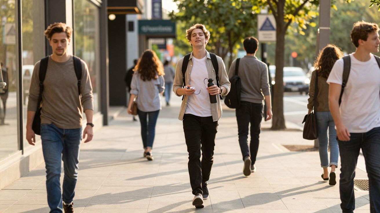 Young adults walking along a city sidewalk on a sunny day, some carrying backpacks and holding items.
