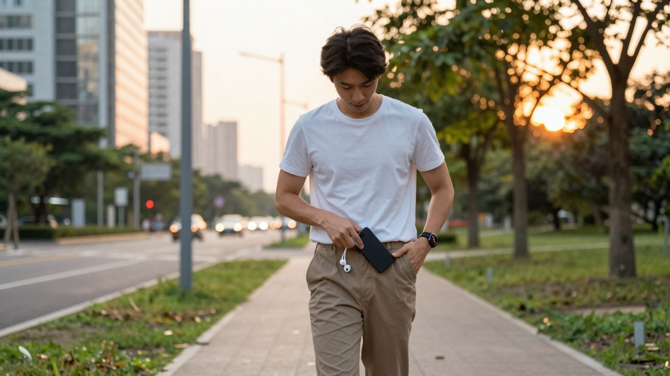 Young man in white t-shirt walking on a city sidewalk at sunset, holding a smartphone with earphones.