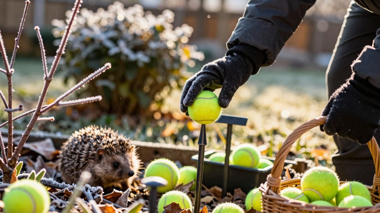 Person wearing gloves placing tennis balls in a garden with a hedgehog nearby on a frosty morning.