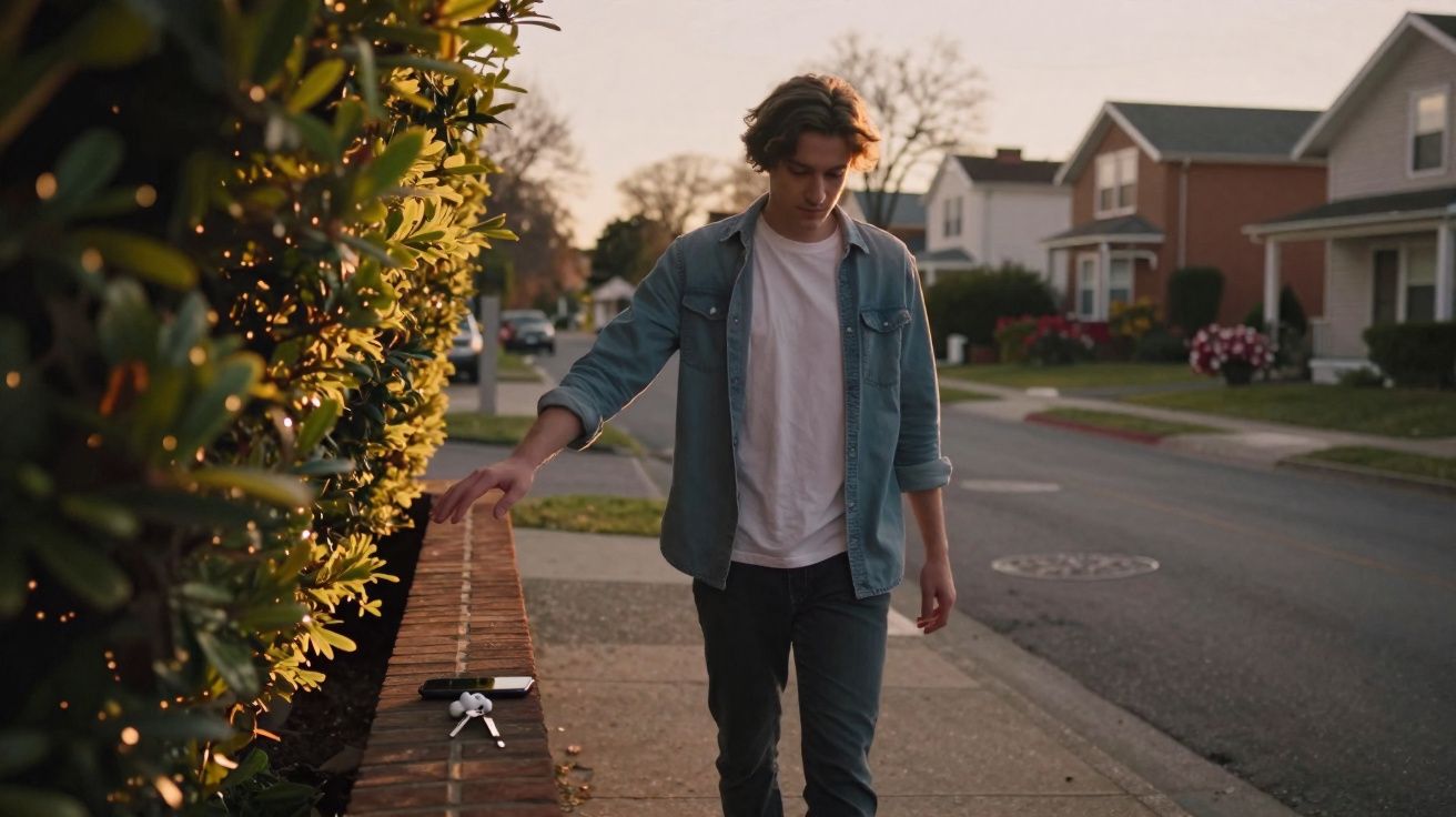 Young man walking on a suburban sidewalk, touching a low brick wall with keys and phone placed on it.
