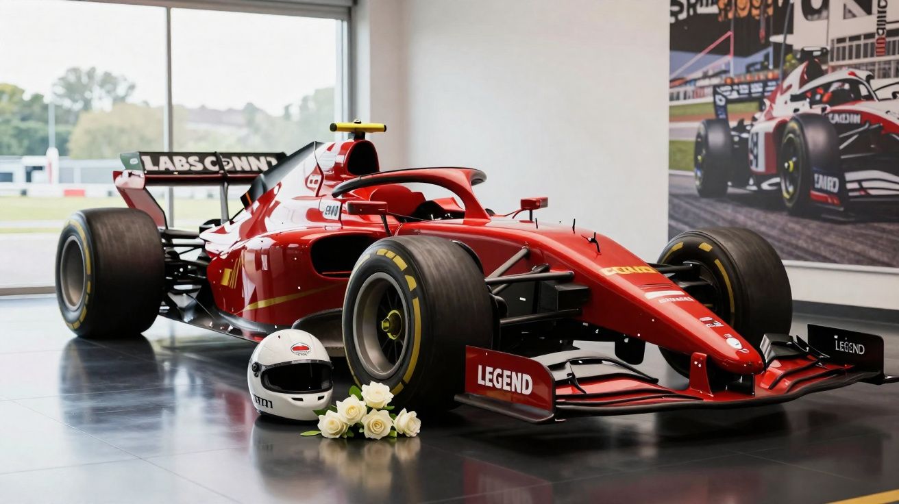Red modern Formula 1 car with a white helmet and white roses displayed indoors next to a racing poster.