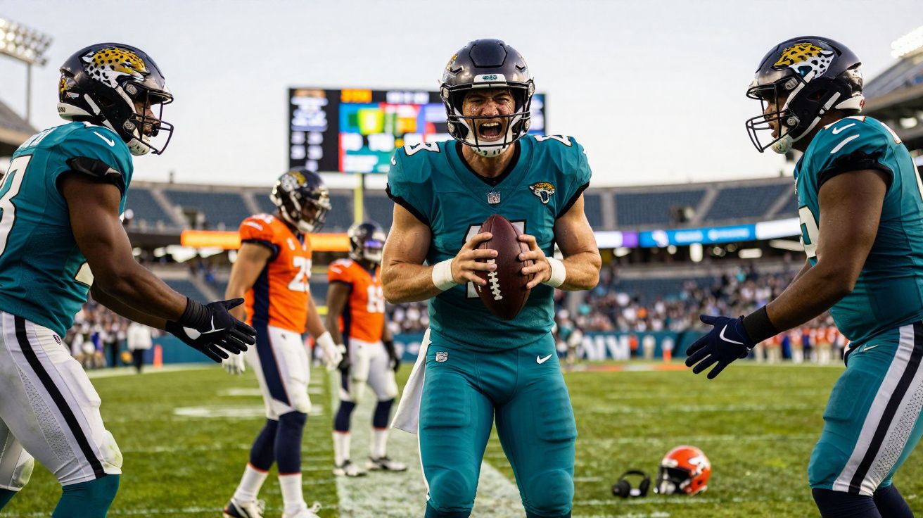 Jacksonville Jaguars players in teal uniforms celebrating on the field against the Denver Broncos in orange jerseys.