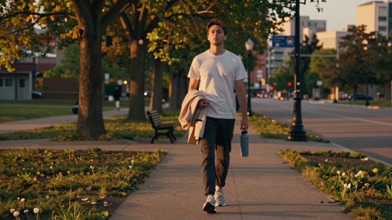 Young man walking on a city sidewalk at sunset carrying a jacket and water bottle in an urban park.