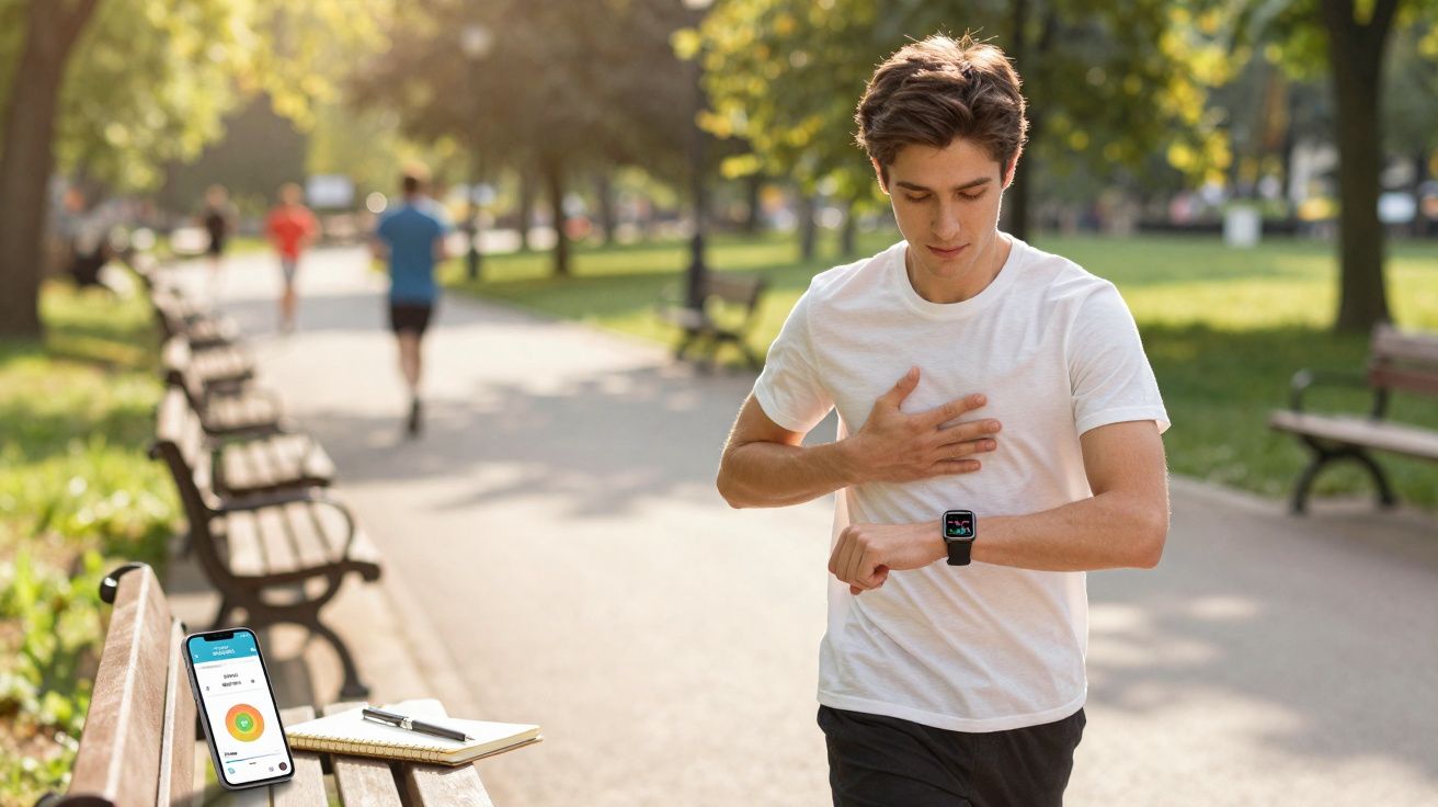 Young man wearing a smartwatch checking his heart rate while jogging in a sunny park pathway.