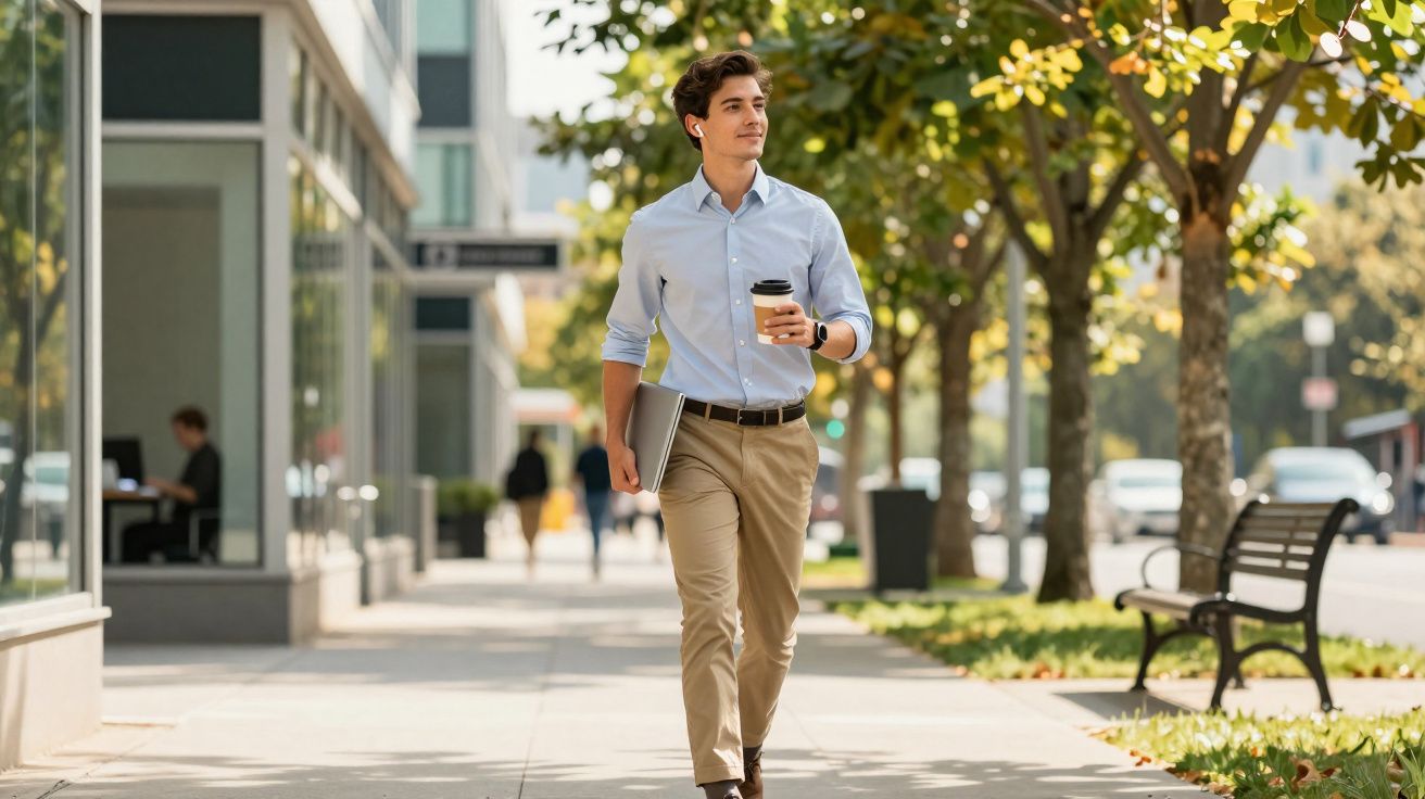 Young man walking on city sidewalk with coffee cup and laptop under arm on a sunny day