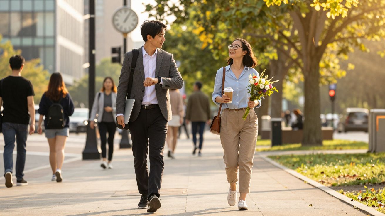 Two young professionals walking on a city sidewalk, one holding flowers and coffee, the other checking his watch.