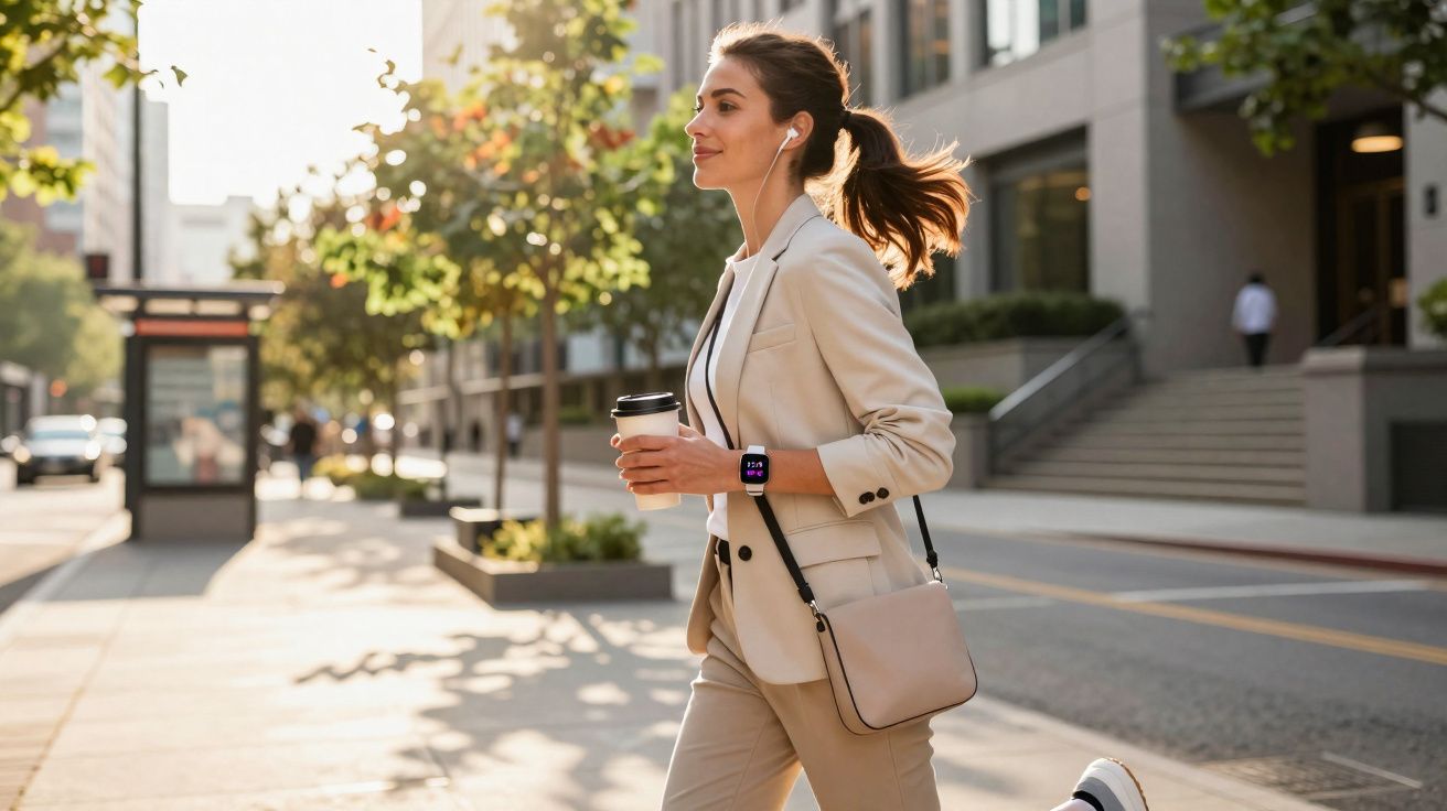 Woman in beige suit walking outdoors with coffee, wearing earphones and a smartwatch, with hair in a ponytail.