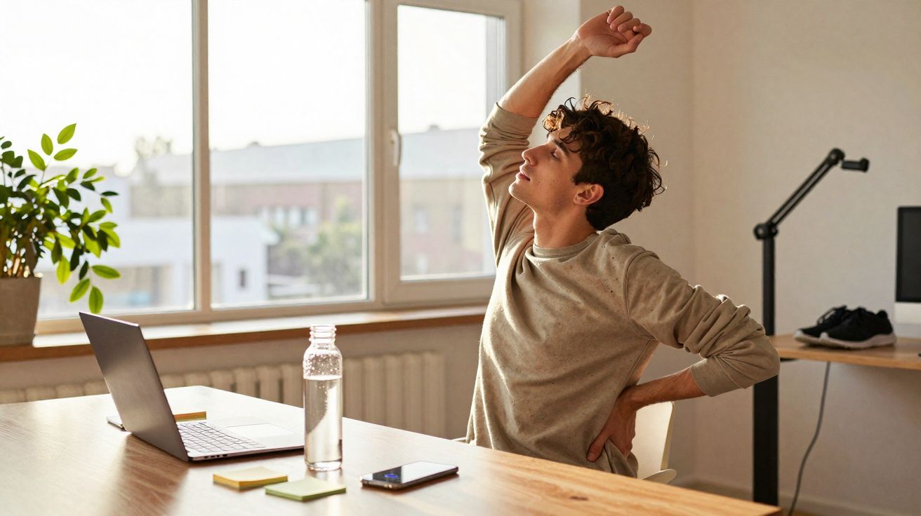 Young man stretching his back while sitting at a desk with a laptop and water bottle near a window