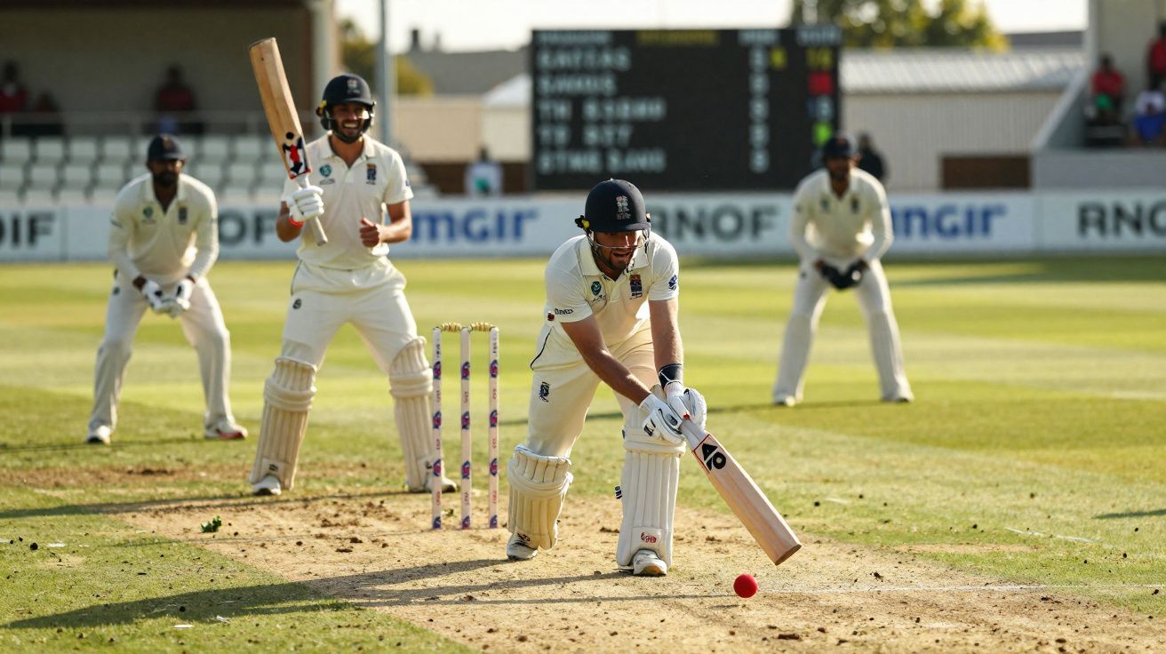 Cricket batsman in white plays a defensive shot as teammates and fielders watch during a daytime match.