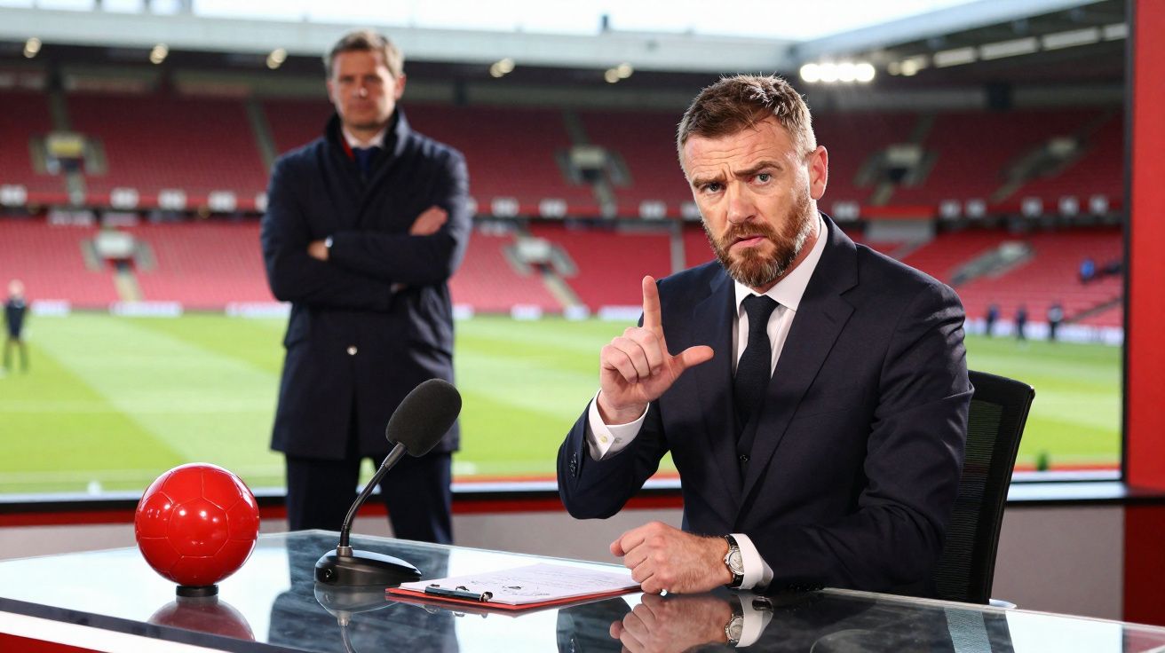 A man in a suit gestures while seated at a desk with a microphone and clipboard, a football stadium in the background.