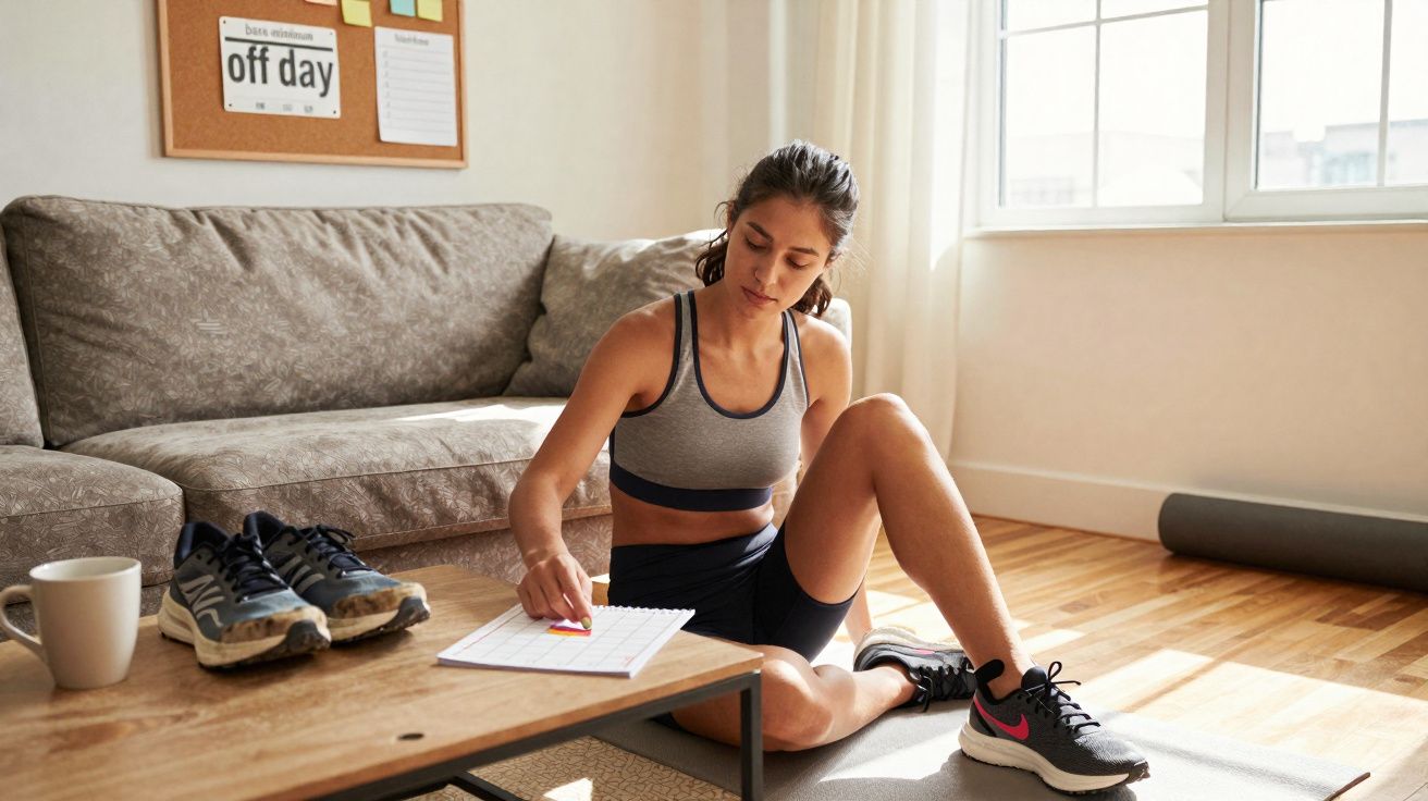Woman in sportswear sitting on the floor marking a calendar in a sunlit living room with running shoes nearby.