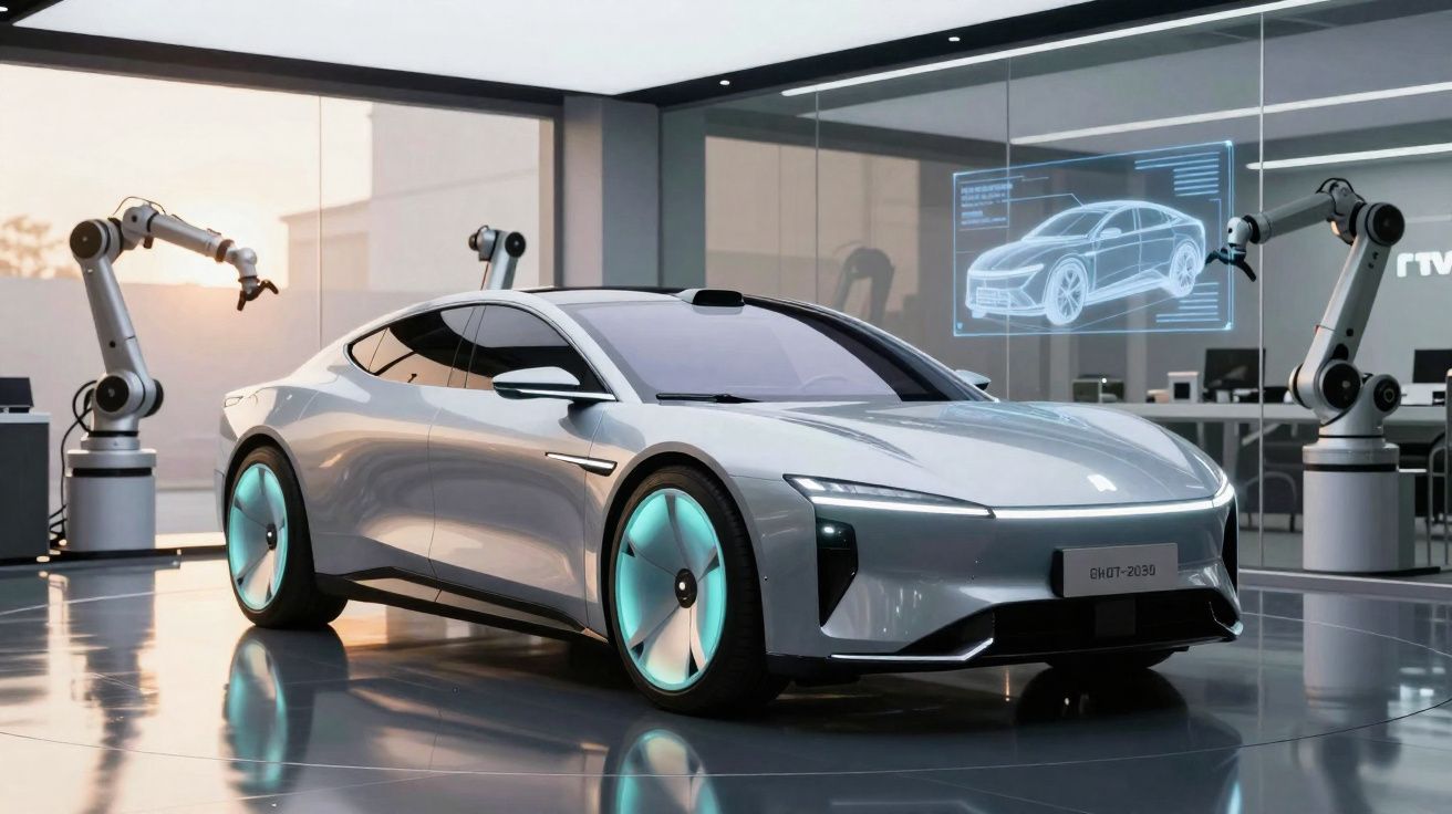 Futuristic silver electric car inside modern factory with robotic arms and digital design hologram.