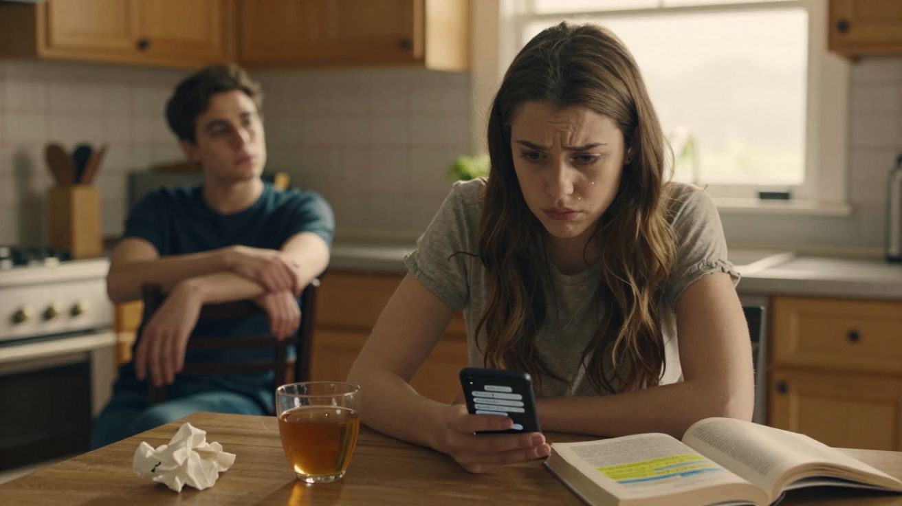 Young woman looks upset reading a message on her phone at a kitchen table with a young man in the background.