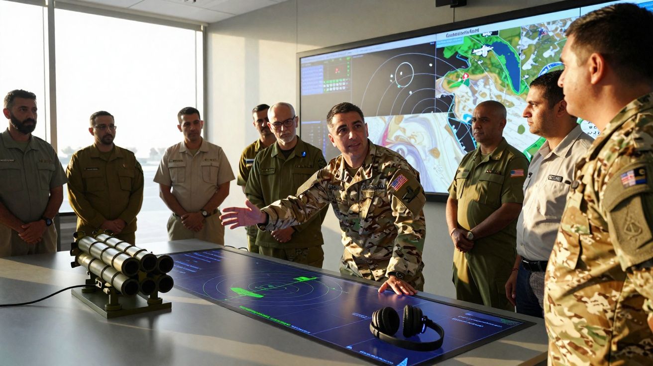 Military personnel in uniform discuss strategy around a table with digital maps and a rocket launcher model.