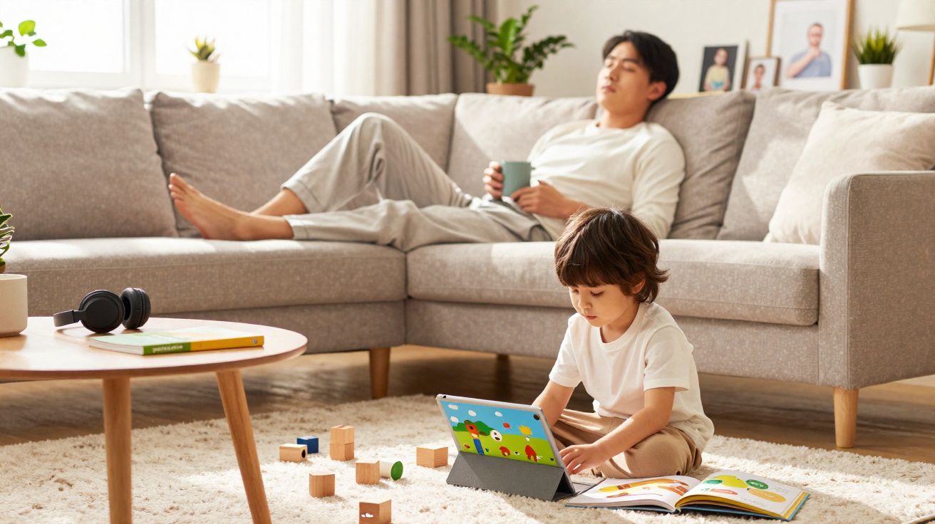 Young boy playing on tablet and reading book on carpet as man relaxes on sofa holding mug.