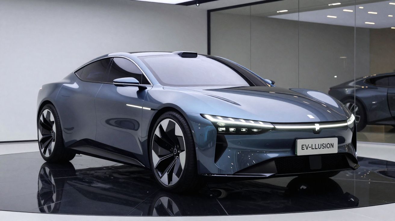 Sleek blue electric concept car EV-LLUSION with futuristic LED headlights displayed indoors on a black platform.