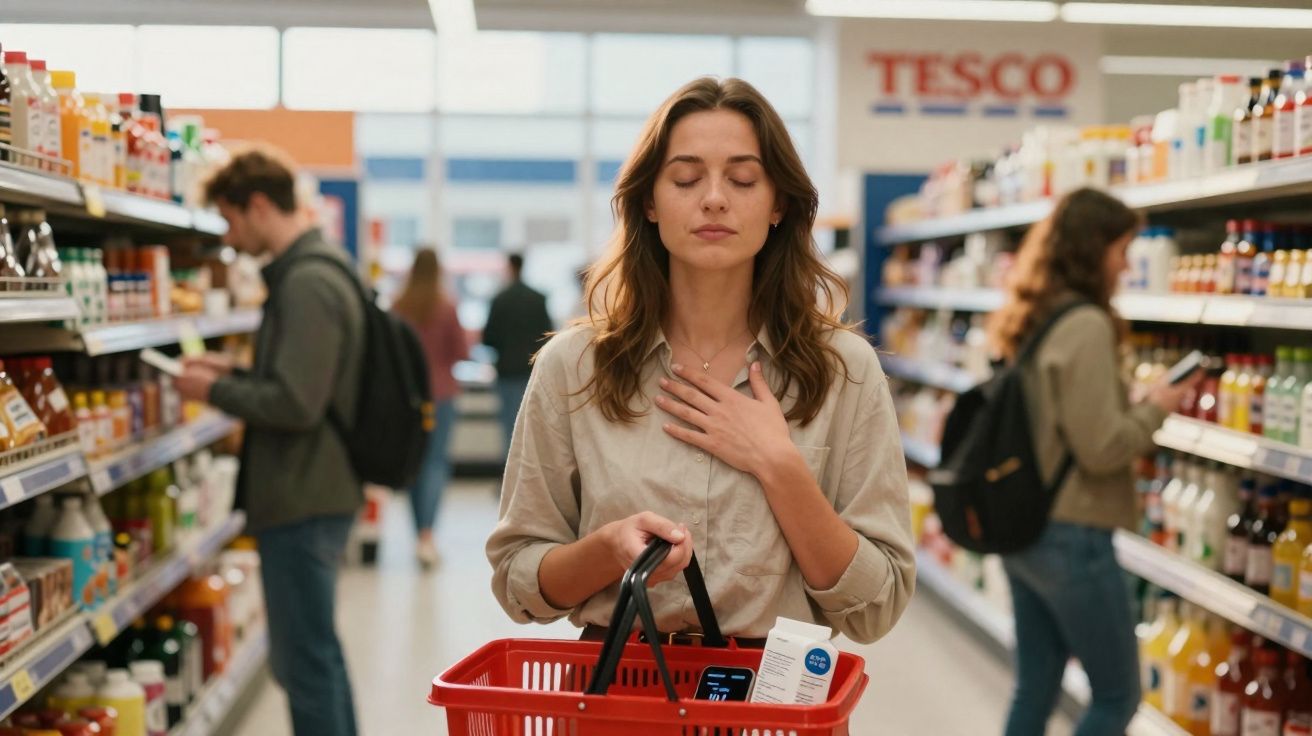 Woman with eyes closed holding a shopping basket with groceries inside a Tesco supermarket aisle.
