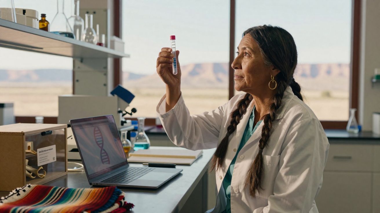 Scientist in a lab coat examining a test tube with blue liquid inside a laboratory with desert view.