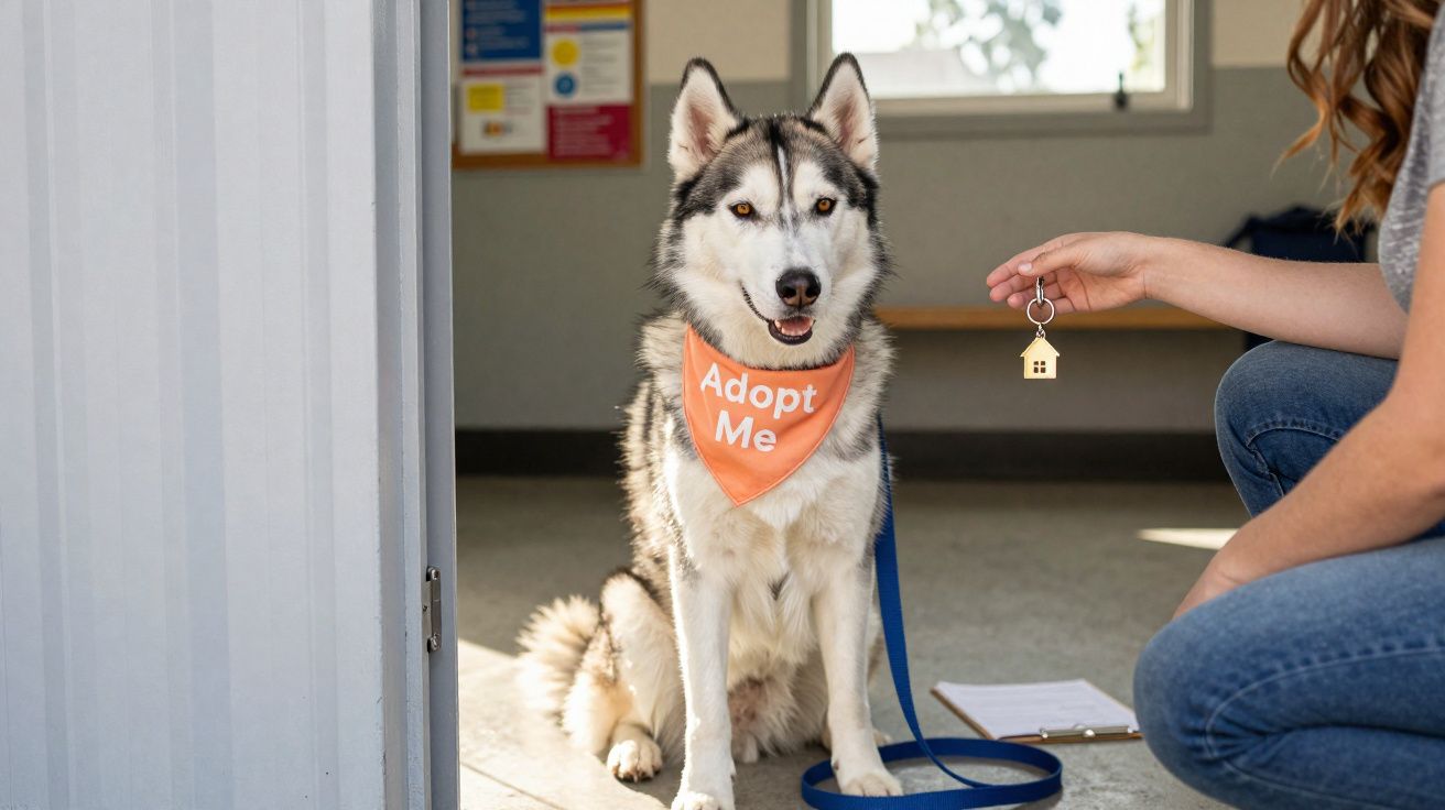 Siberian husky wearing an "Adopt Me" bandana sitting indoors next to a person holding a house-shaped keyring.