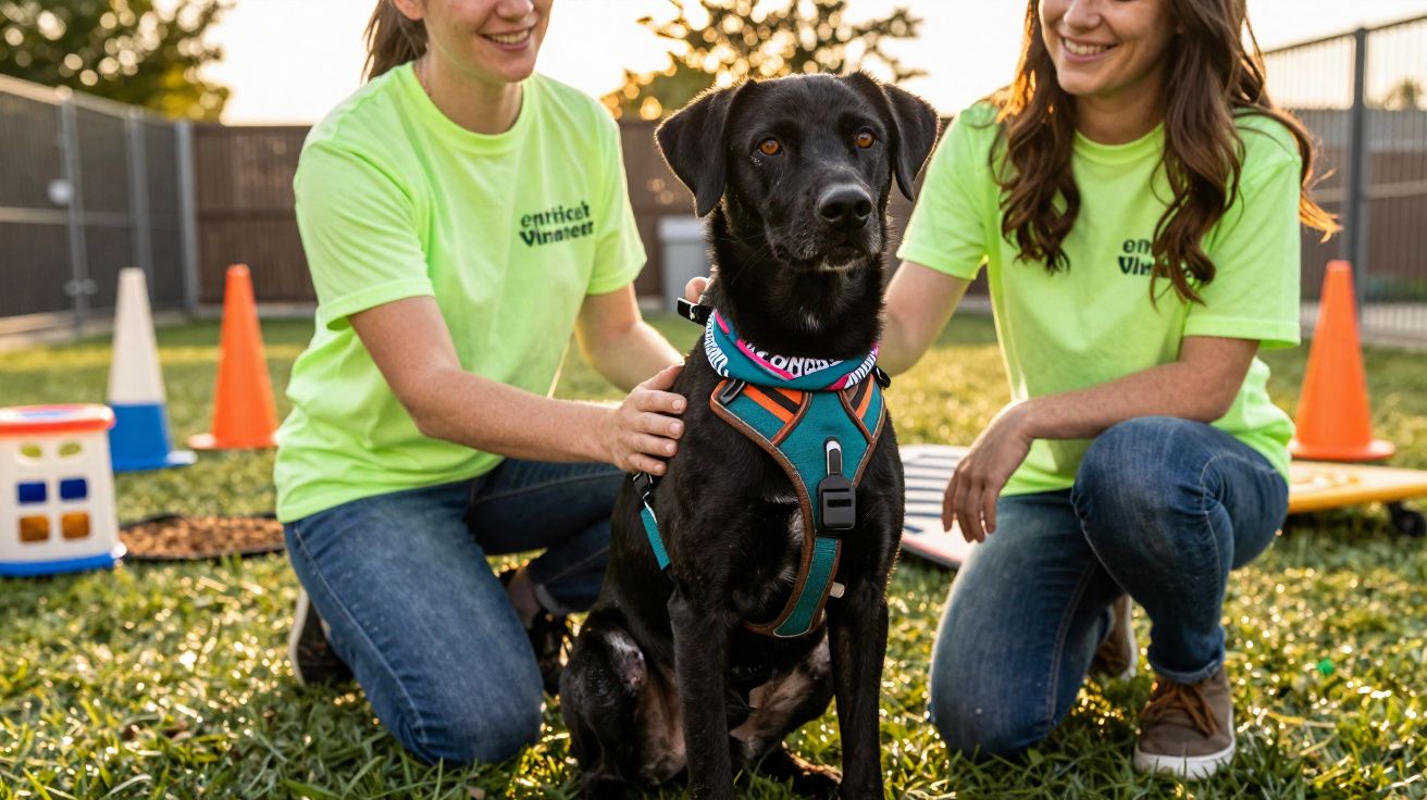 Two women in yellow shirts kneel on grass petting a black dog wearing a harness outdoors at sunset.