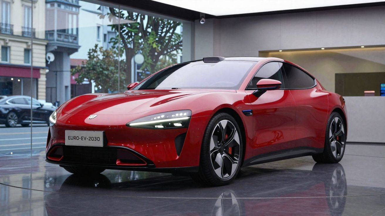 Sleek red electric sports car displayed indoors with modern headlight design and aerodynamic curves.