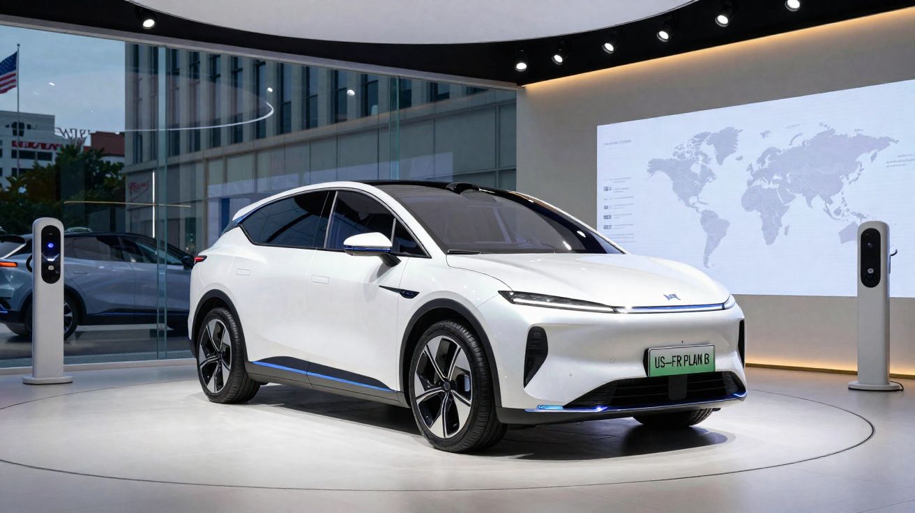 White futuristic electric car on display in showroom with modern charging stations and world map on wall.