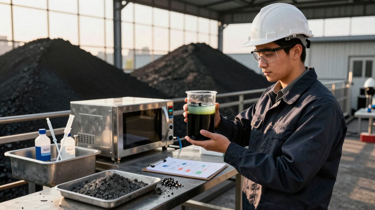 Engineer wearing safety gear analysing dark liquid sample in beaker at industrial site with coal piles in background