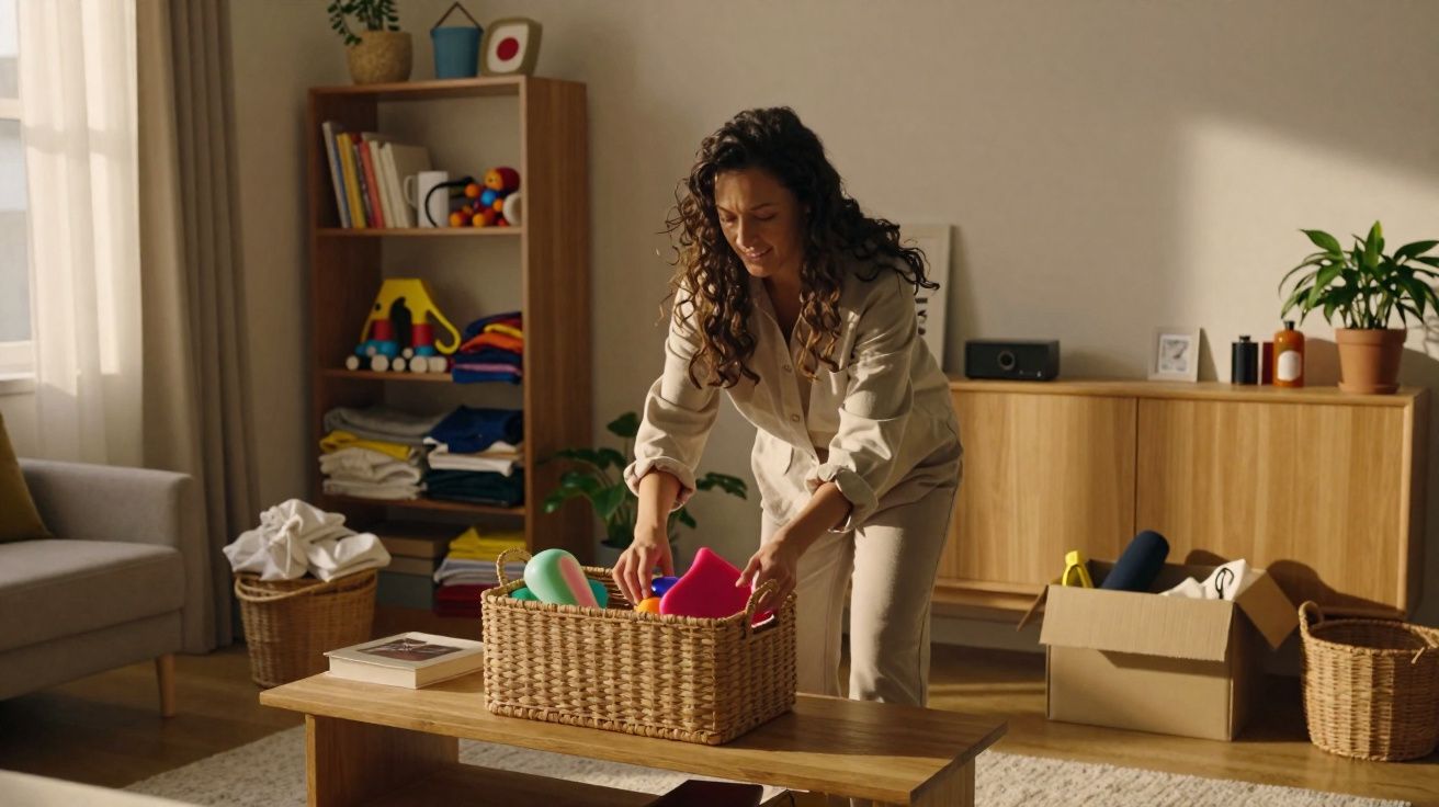 Woman tidying a living room, placing colourful toys into a woven basket on a wooden coffee table.