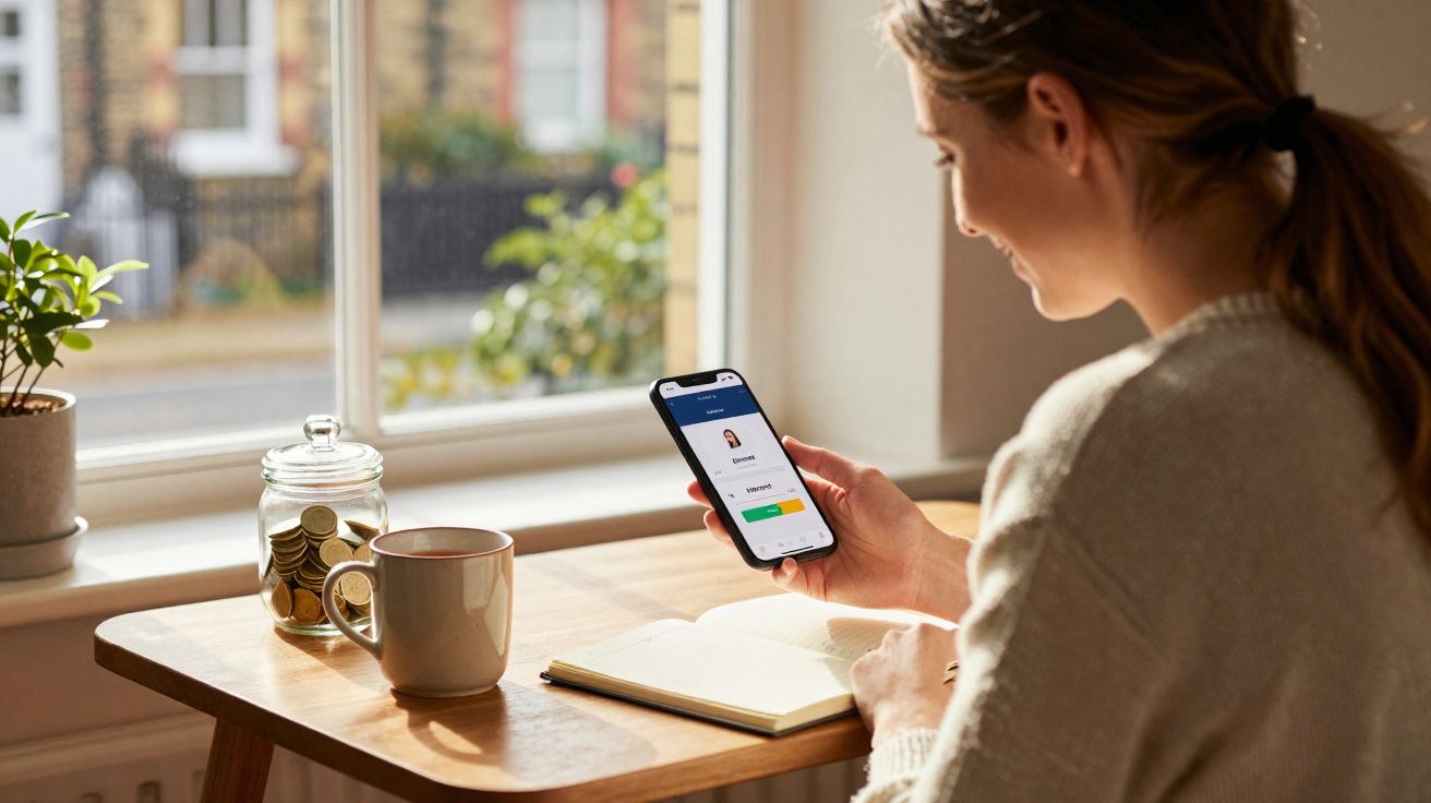 Woman using a smartphone at a wooden table with a coffee cup, open notebook, jar of coins, and potted plant by a window.
