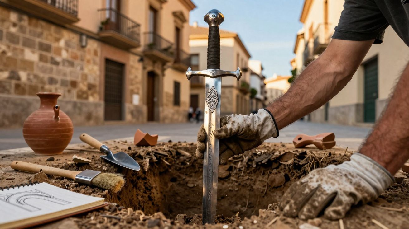 A person wearing gloves pulling a medieval sword from a hole in the ground with excavation tools nearby.