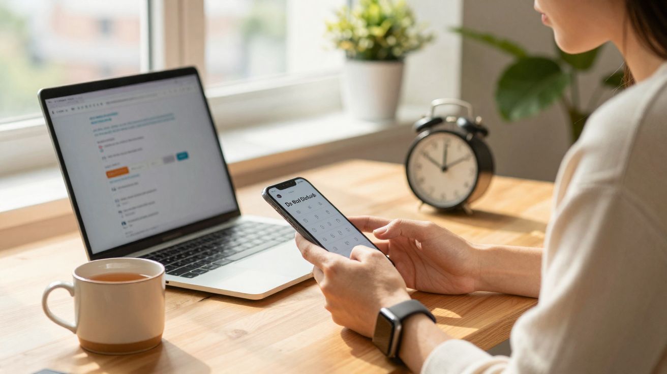 Person using smartphone while sitting at a wooden desk with a laptop, coffee cup, and alarm clock nearby.