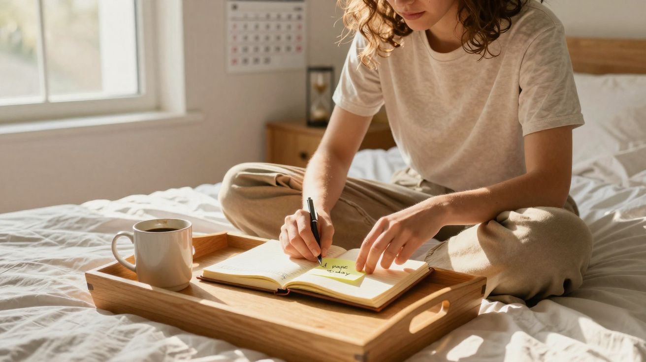 Person sitting cross-legged on bed writing notes in a notebook on a wooden tray with a mug nearby.