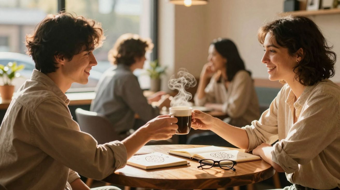 Two people smiling and clinking steaming coffee cups at a wooden table in a cosy café.