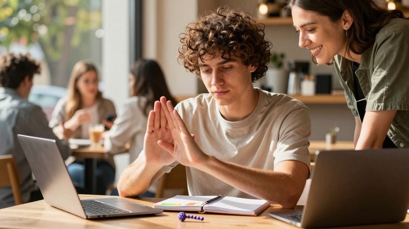 Two young people working with laptops at a café, one smiling and observing while the other concentrates.