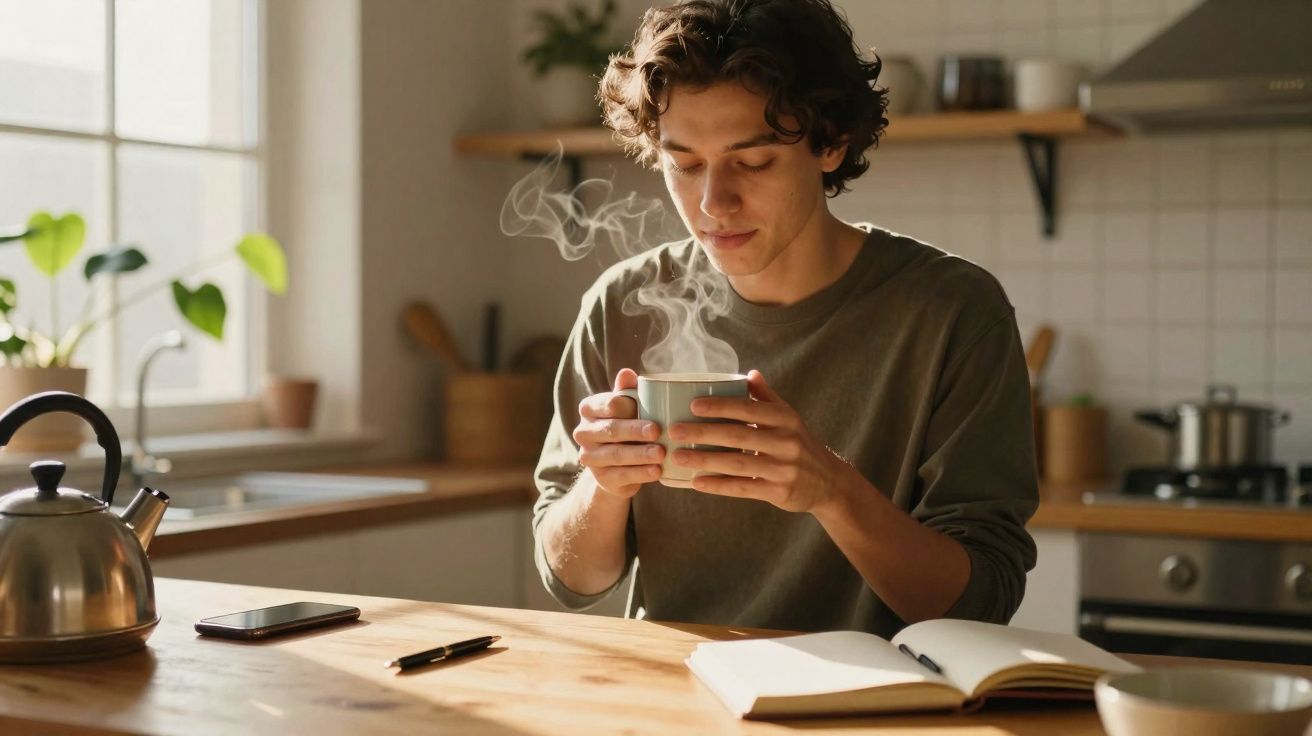 Young man holding a steaming cup while sitting at a kitchen table with an open notebook and smartphone.
