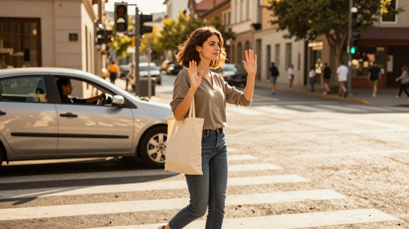 Young woman with tote bag signalling to stop while crossing a city street at a pedestrian crossing.