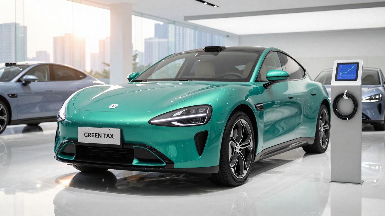 Sleek green electric sports car displayed in showroom with charging station and city skyline in background.