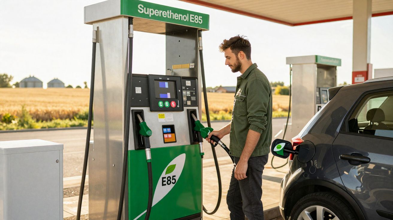 Man refuelling a black car with E85 biofuel at a petrol station in a rural area.