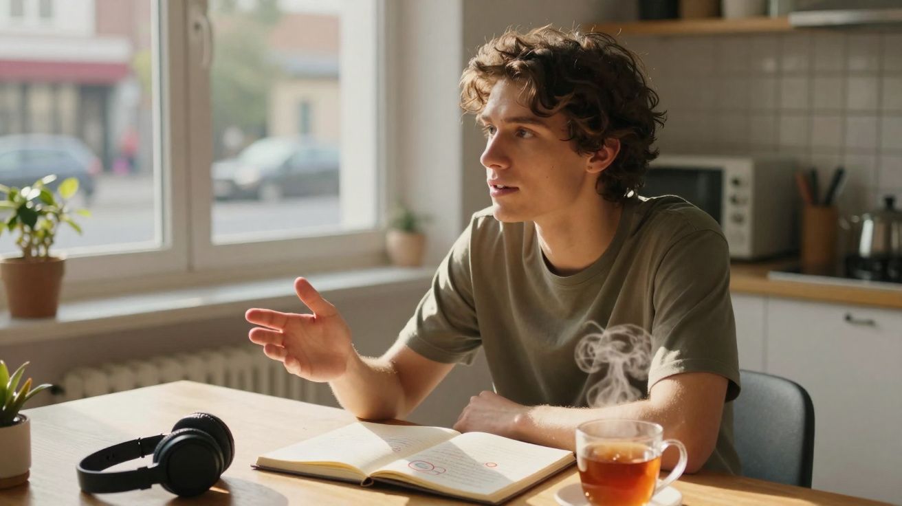 Young man with curly hair gesturing while sitting at a table with an open notebook and a steaming cup of tea.